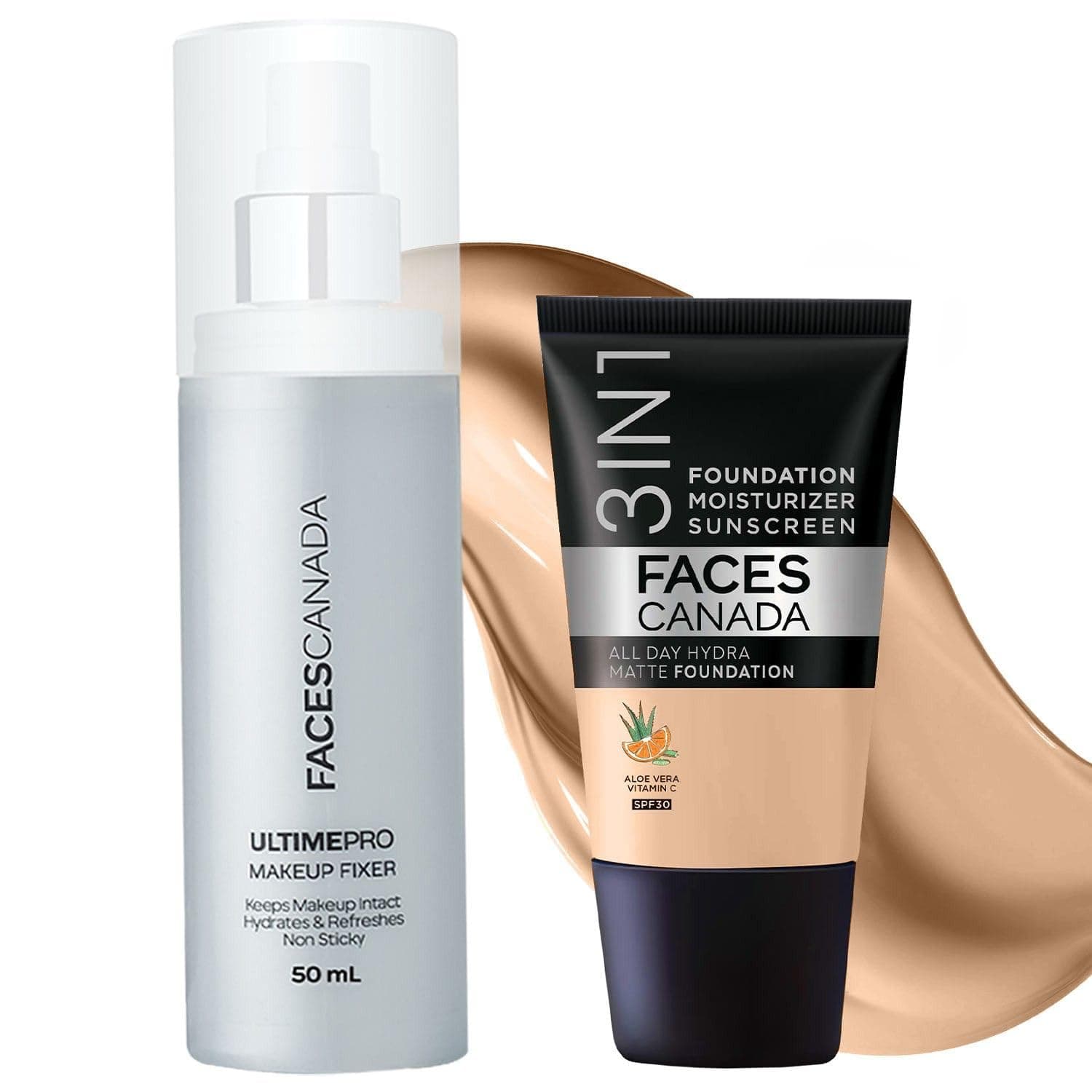 FACESCANADA Waterproof Fix & Finish Kit | Makeup Fixer (50ml) + Medium Natural All Day Hydra Matte Mini Foundation (18ml) | Makeup Kit For Women (Combo Pack of 2)