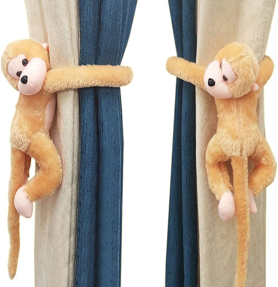 1 Pair Cutest Monkey Curtain Tiebacks Set Soft Plush Animal Curtain Holdback Clips Hooks Bedroom Decorative Window Curtain Tie Backs Jungle Bedroom Accessories Home Decor