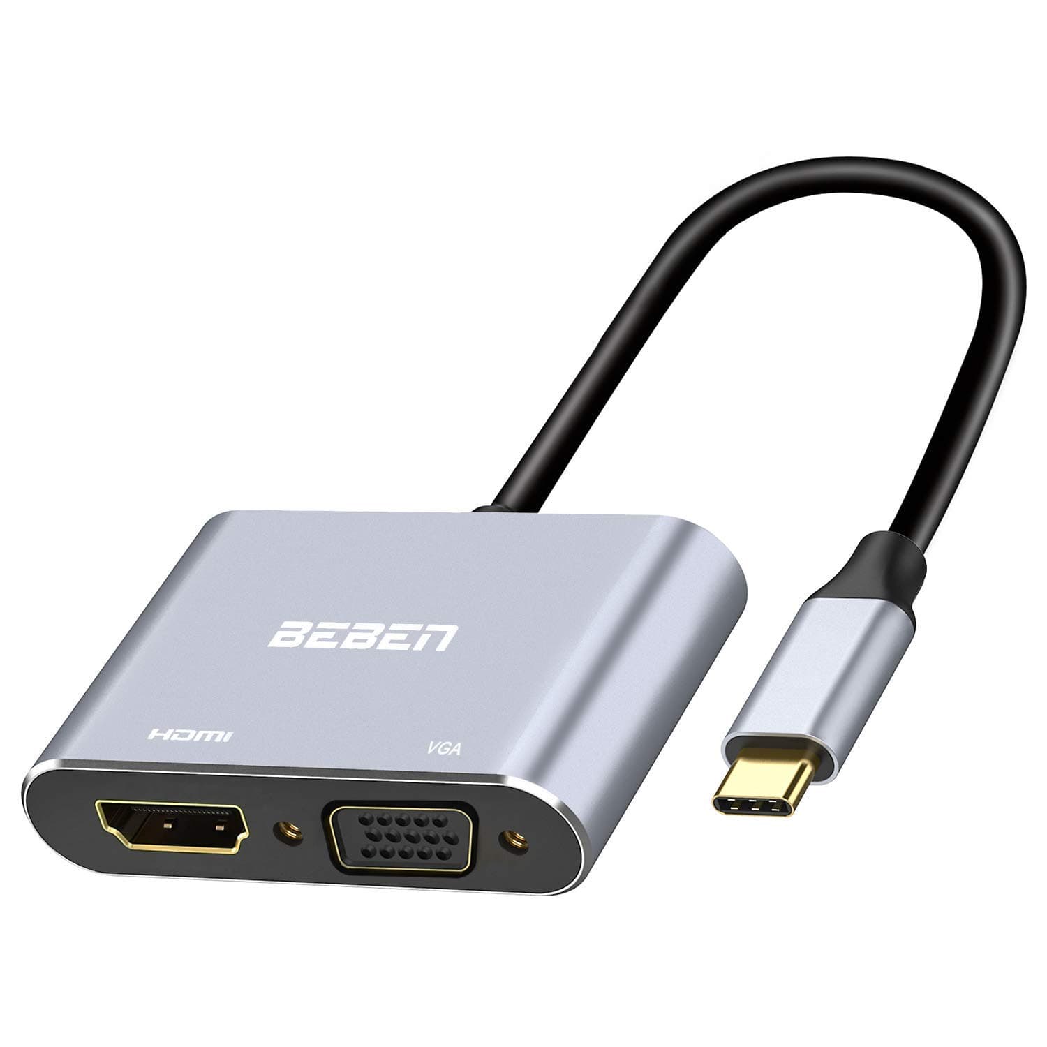 USB C to HDMI VGA Adapter, Beben Type C Hub with 4K@30hz HDMI, 1080P VGA, Compatible with MacBook Pro/Air/ipad Pro/Chromebook Pixel/Dell XPS/Nintendo Switch More (Different Display Only for Windows)