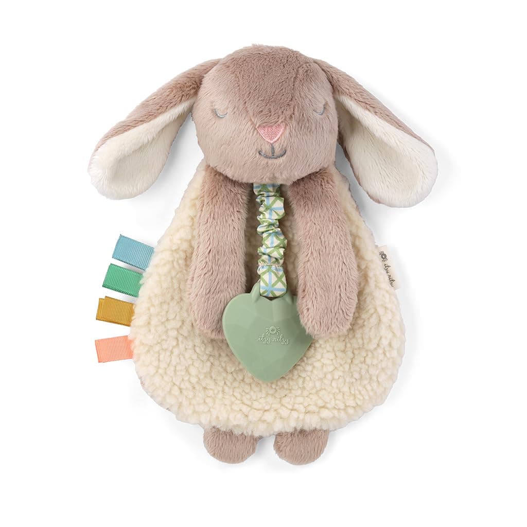 Itzy Lovey Including Teether - Baby Lovey with Teether, Textured Ribbons & Dangle Arms - Features Crinkle Sound, Sherpa Fabric and Minky Plush (Taupe Bunny)