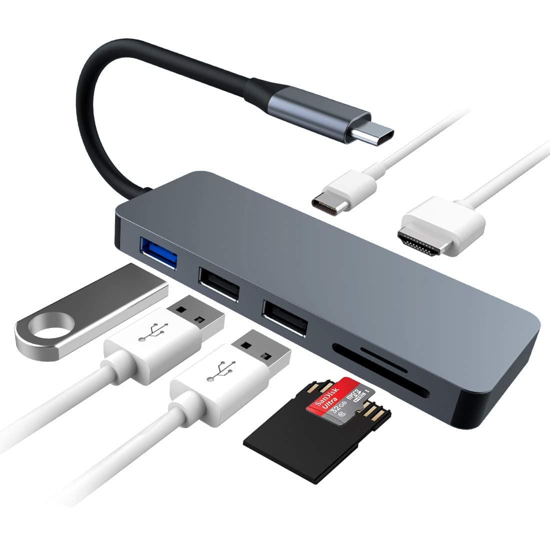 USB C Hub Type C Dock Adapter - USB C Dock 5 In 1 with 4K HDMI (30Hz), 2 USB 3.0 Ports, SD/TF Card Reader, Compatible with MacBook Pro/Air and More Type-C Laptops Or Devices