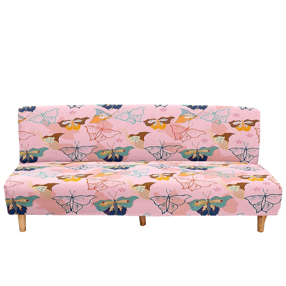 Mateju Armless Sofa Bed Cover, Butterfly Pattern Folding Sofa Bed without Armrests, Non Slip Stretch Futon Slipcover Protector for 2-3 Seater, Washable Couch Bed Slipcovers (Blush,190-230cm)