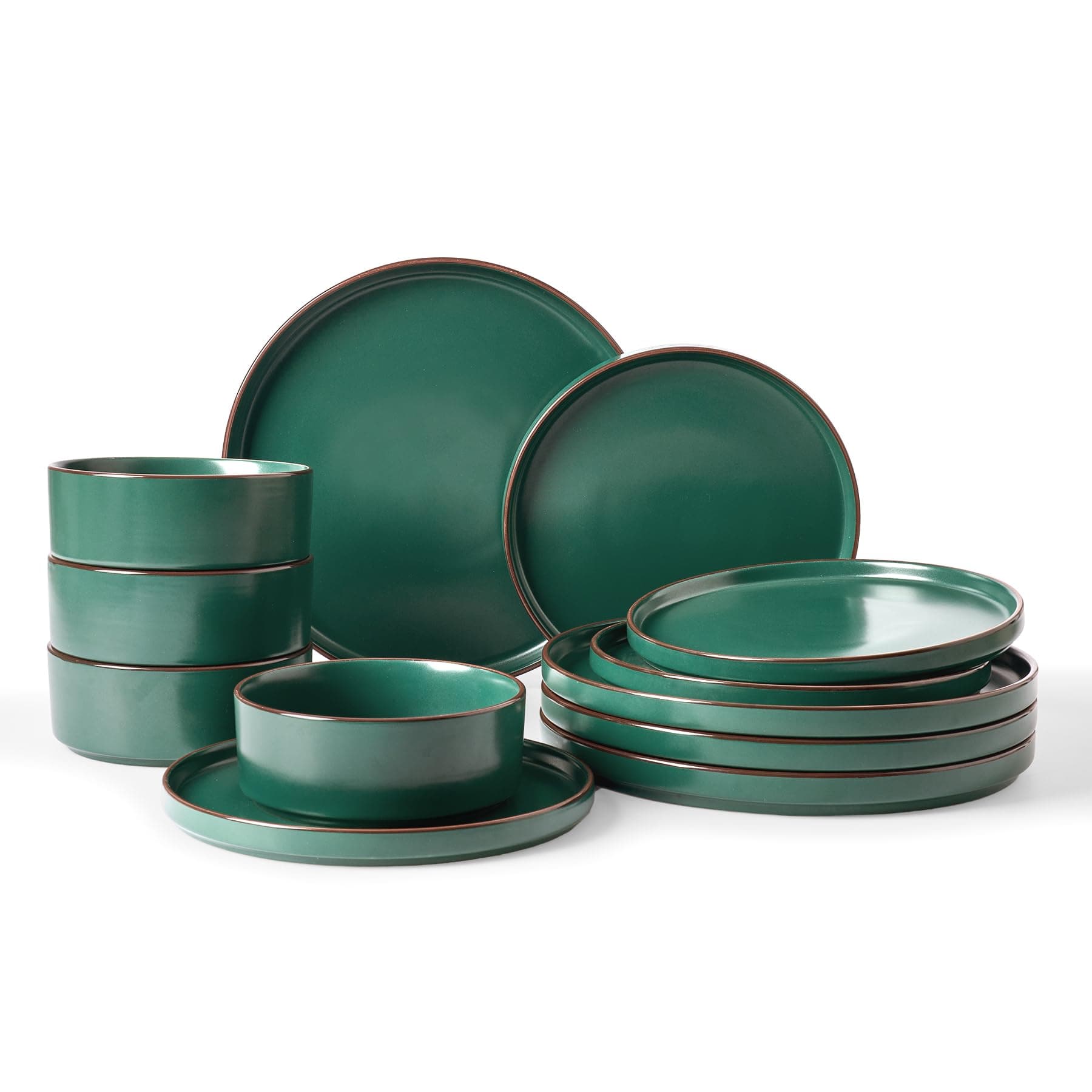 Famiware Nebula Ridge Stoneware Dinnerware Sets, Plates and Bowls Sets for 4, 12 Pieces Dishes Set, Microwave and Dishwasher Safe Kitchen Plates, Dark Green