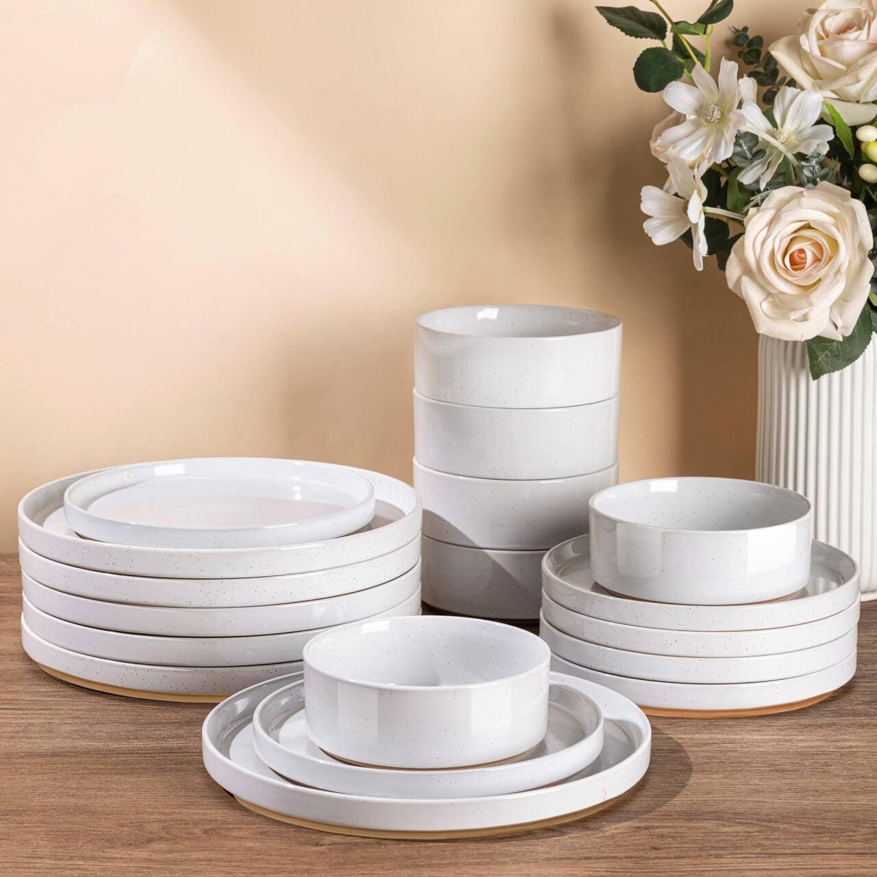 AmorArc Ceramic Dinnerware Set for 6 | Speckled Stoneware Plates and Bowls with Rustic Terracotta Underside| Scratch Resistant,Dishwasher & Microwave Safe Dishes Sets- 18pcs White