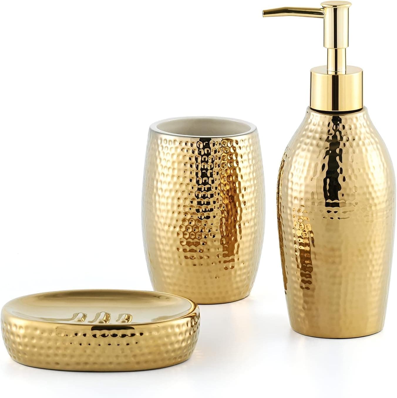 Gold Bathroom Accessory Set - 3 Piece Decorative Ceramic Bathroom Accessories Sets with Lotion Soap Dispenser, Toothbrush Holder/Tumbler and Soap Dish, Golden Gift Set for New Home Decor