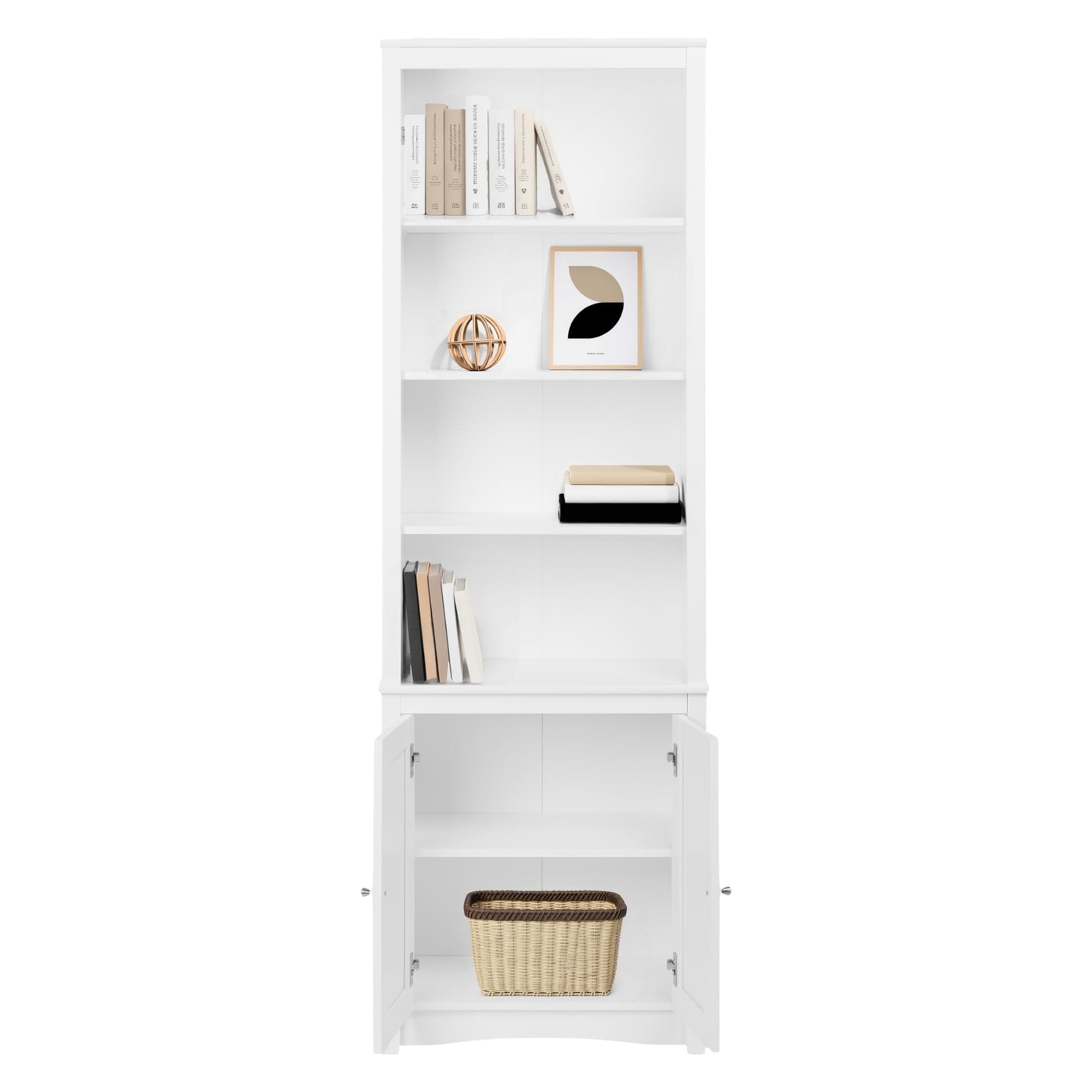 Sonoma Tall 6-Tier Bookcase 80"H with Doors & 2 Adjustable Shelves, White Storage Cabinet, Modern Display Cabinet, Bookshelf with Storage Shelves for Home Office, Living Room, Bedroom