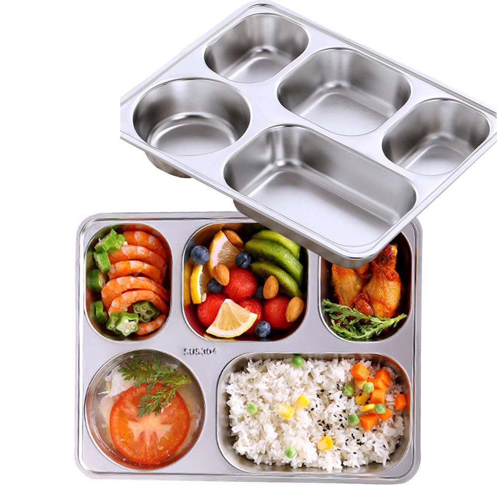 Set of 2 Stainless Steel Rectangular Divided Dinner Tray 5 Sections Dinner Plates - 304 SS Great for Adults ,Kids, Picky Eaters, Campers, and for Portion Control