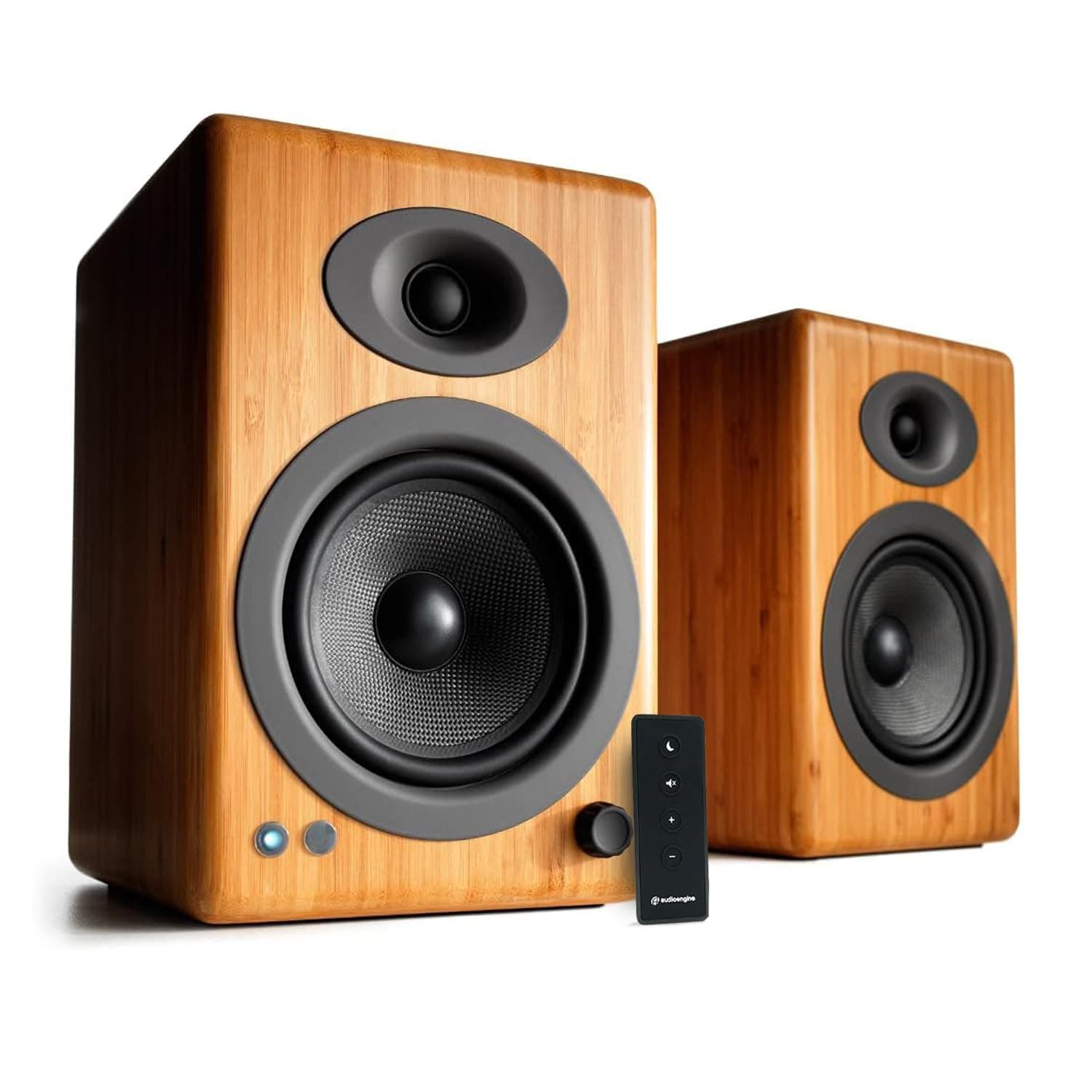 A5 Plus Classic 150W Powered Bookshelf Speakers with Remote Control - Bamboo