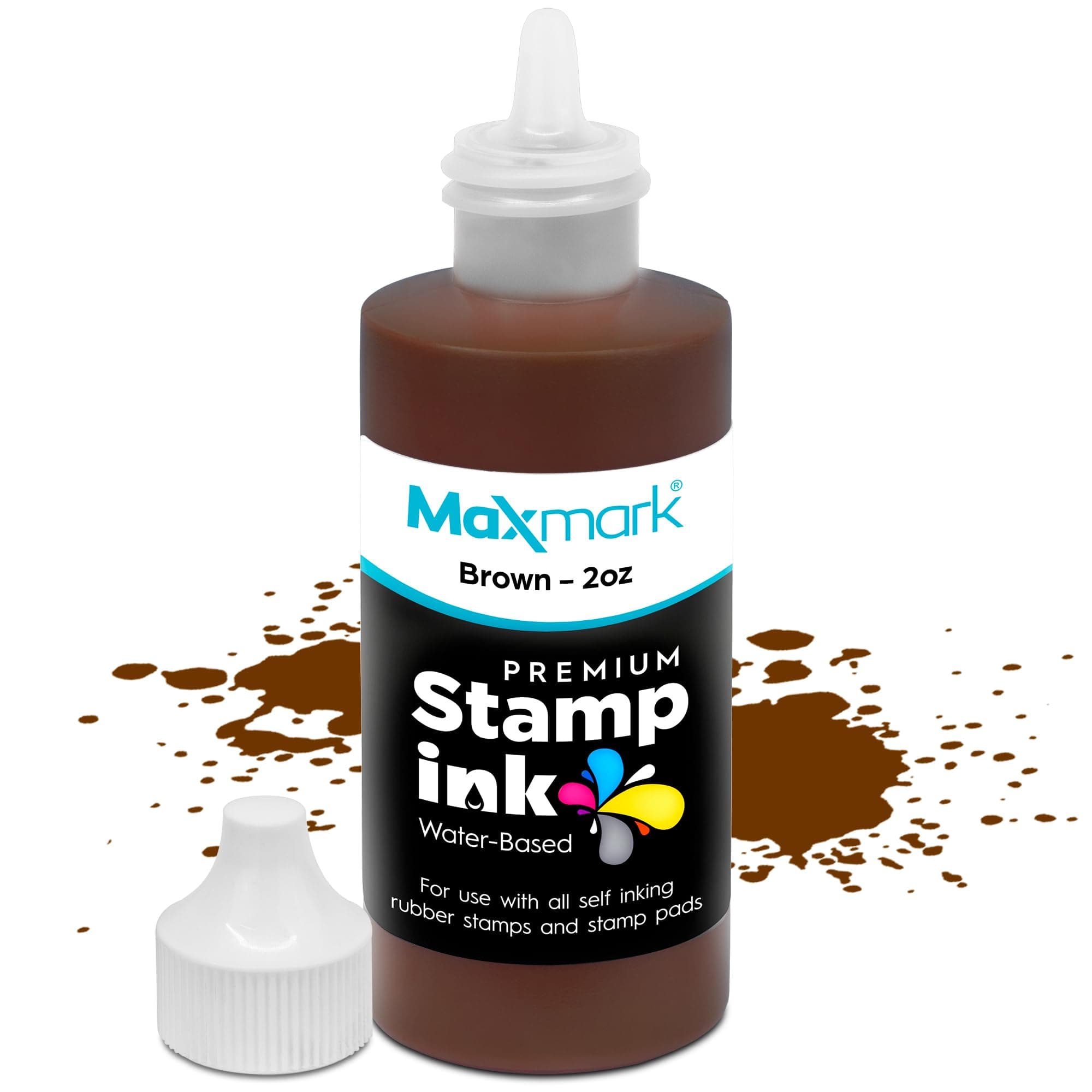 MaxMark Premium Refill Ink with Control Tip Bottle for Self-Inking Stamps, Brown Color - 2 oz.