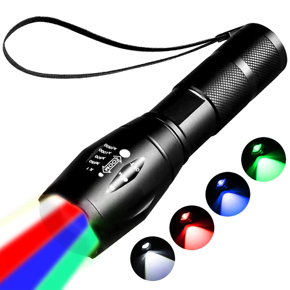 Red Flashlight Rechargeable,Green Light Flashlight,Blue Light flashlights,Blood Lights for Observation, 4 in 1 White Lights and Red lamp and Blue Lamp and Green Lamps ,4 Modes.