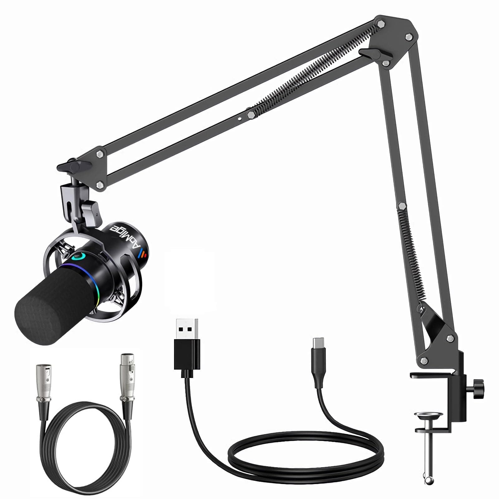 Dynamic Microphone Set,XLR/USB Gaming Microphone,RGB Podcast Mic with Mute Button,Headphones Jack,Boom Arm Stand,Noise Cancellation Condenser Mic for Streaming Podcasting,Gaming,Voice-Over,Recording