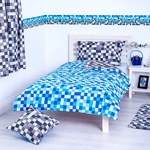 Ready Steady Bed Blue & Grey Pixels Design Reversible Bedding Single Duvet Cover Set with Pillowcase