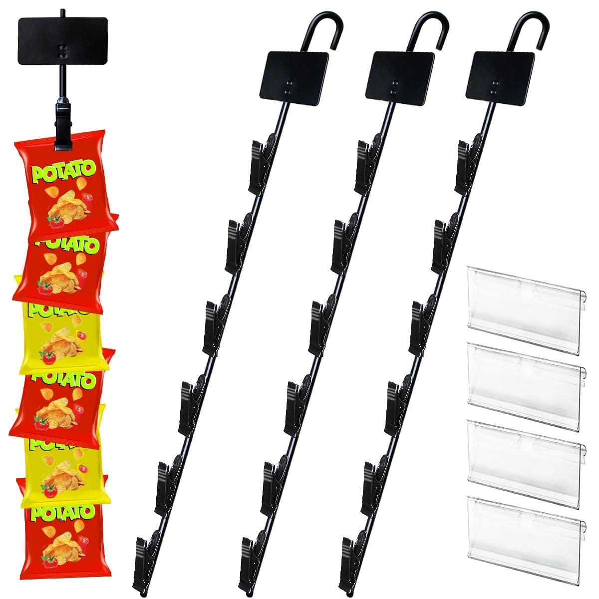 Hanging Merchandise Strips with Hooks Chip Display Rack Stands Potato Bag Holder for Retail Displaying Label Headers Greeting Card Party Vendors Snack Candy Portable Organizer Storage (6 Chip 4 Pack)