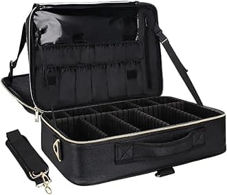Relavel Makeup Case Large Makeup Bag Professional Train Case 16.5 inches Travel Cosmetic Organizer Brush Holder Waterproof Makeup Artist Storage Box, Large Capacity (Leather Black)