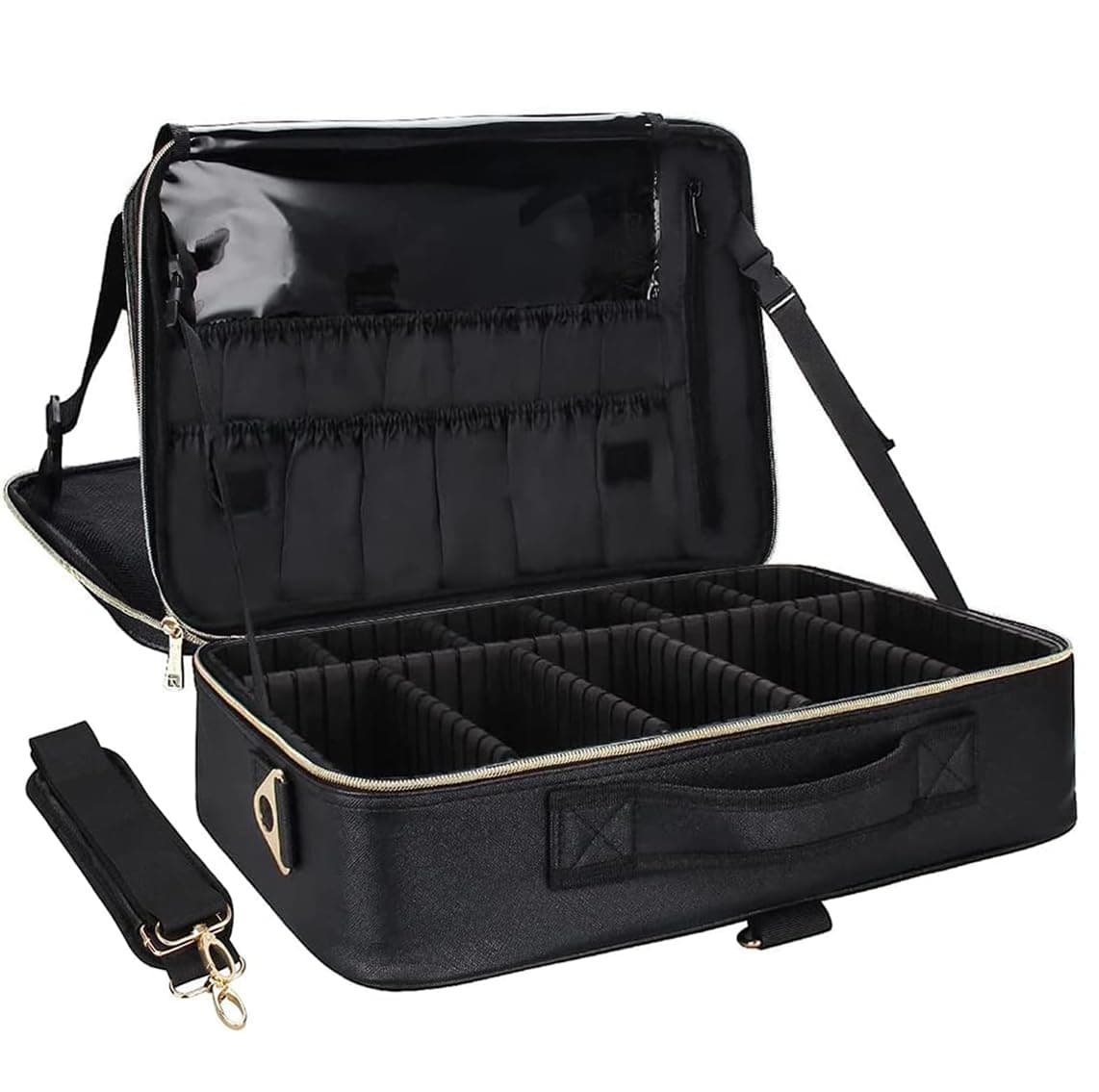 Relavel Makeup Case Large Makeup Bag Professional Train Case 16.5 inches Travel Cosmetic Organizer Brush Holder Waterproof Makeup Artist Storage Box, Large Capacity (Leather Black)