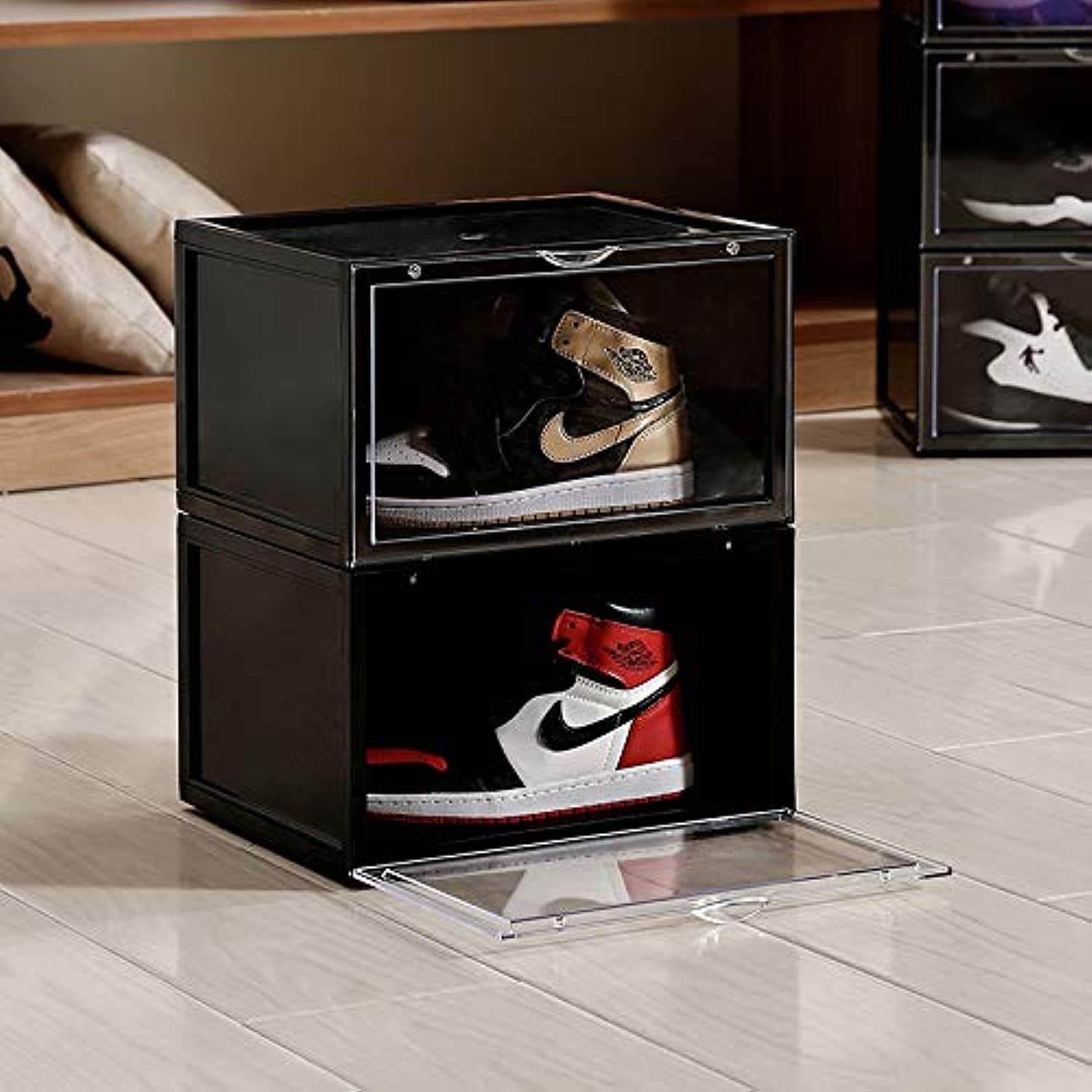 Shoe Box Premium Shoe Box 2 Pack - Side Open with Magnetic door, Transparent, Plastic Storage Box (2 Pack Side Open, Black)