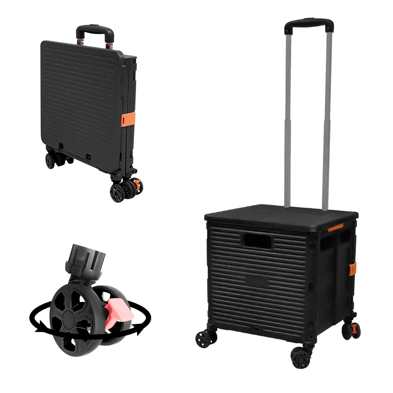 SELORSS Foldable Utility Cart Folding Portable Rolling Crate Handcart with Durable Heavy Duty Plastic Telescoping Handle Collapsible 4 Rotate Wheels for Travel Shop Move Luggage Office(Black)