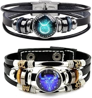 2Pcs Multilayer Constellation Zodiac Leather Bracelet for Women Men Handmade Woven Zodiac Sign Wrap Wristband Bracelet Couple BFF Birthday Jewelry