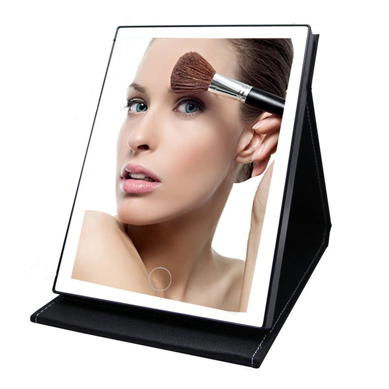 TVictory Foldable Portable Lighted Vanity Mirror with 35 LED Lights for Makeup Cosmetic, Touch Dimmable, 2 Power Supply Options, PU Leather Desktop Mirror for Traveling, Black