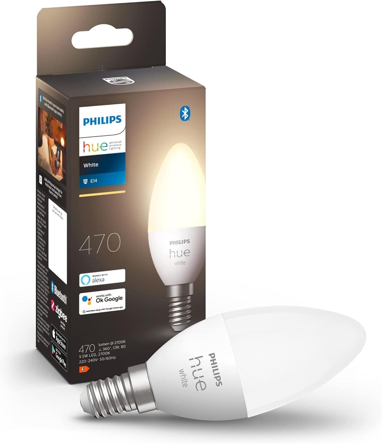 White Smart Light Bulb Candle 470 Lumen [E14 Small Edison Screw] with Bluetooth. Works with Alexa, Google Assistant, Apple Homekit