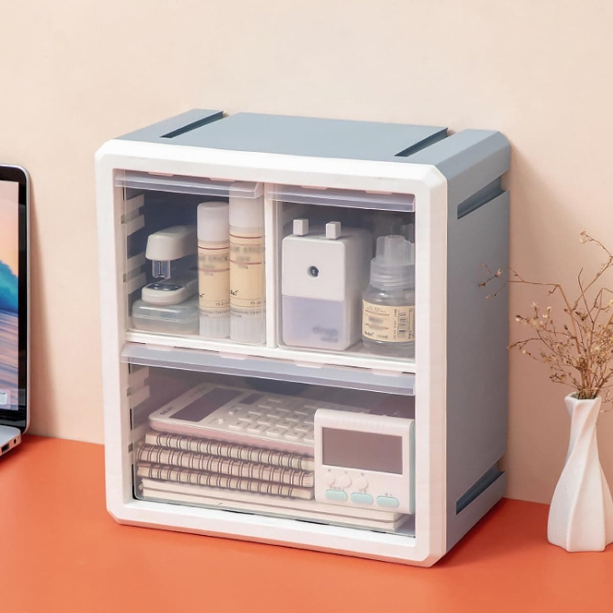 Tiny AlpacaPlastic Makeup Organizer Drawer storage Cabinet Wall Hanging Storage Box 3 Drawer Storage Cosmetic Bins for Office School Home Desktop Organizer (2112-bluewhite) (2112, bluewhite)