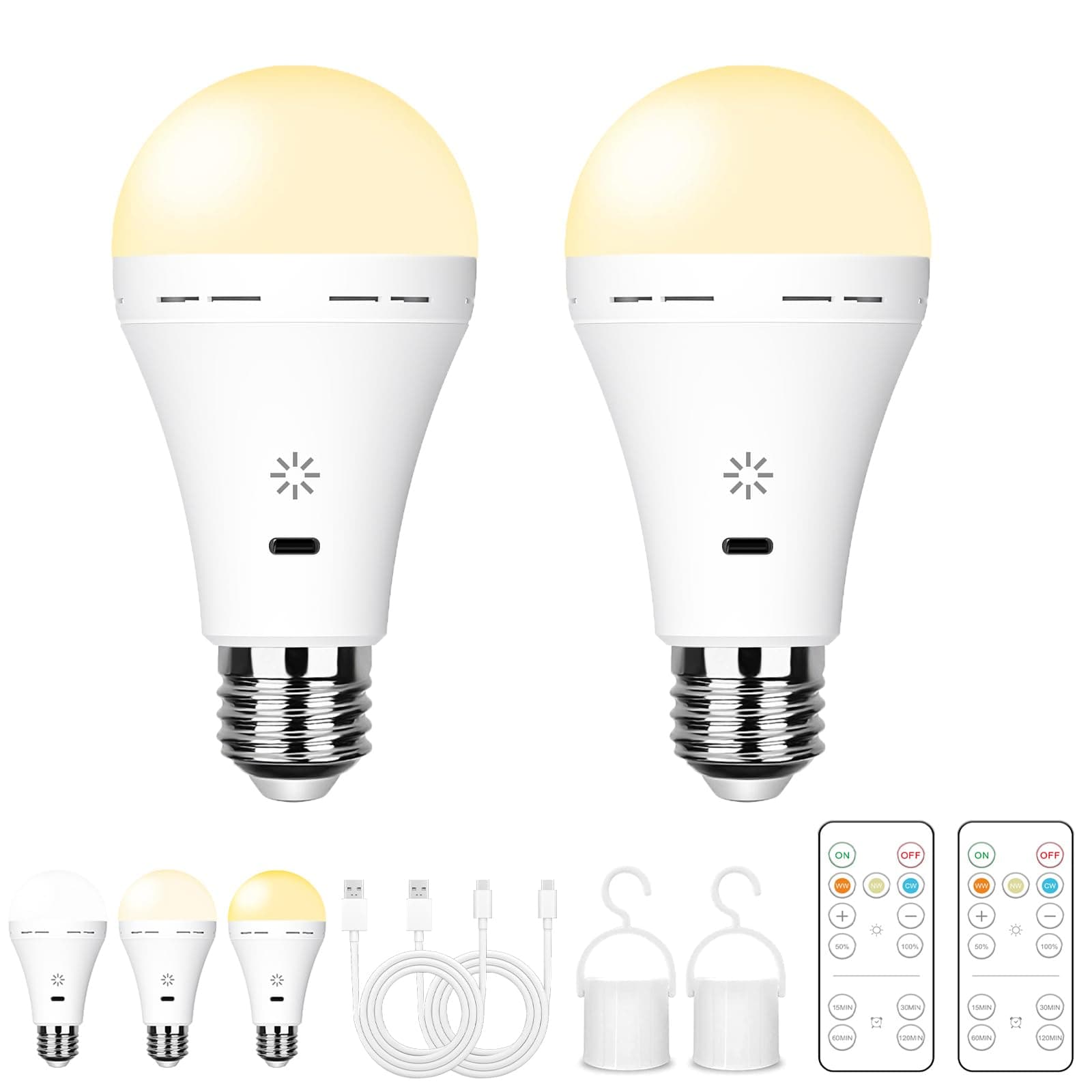 USB Rechargeable Light Bulb With Remote Control, 3 Color Temperature LED Dimmable Battery Powered Light Bulbs, E27 7W Touch Control Bulb With Timer, Emergency Light Bulb With Hook, 2600mah,2 PACK