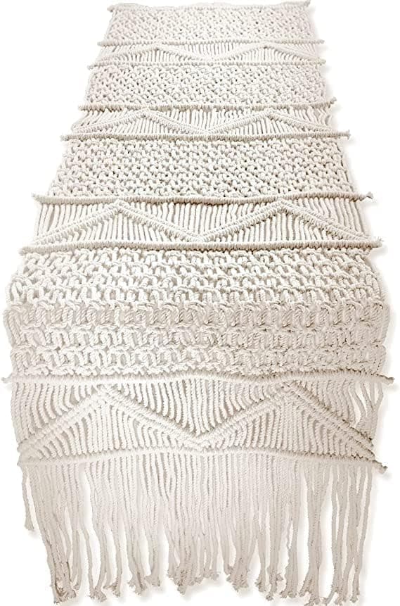 LOVE N BEYOND Macrame Cotton Handwoven Table Runner Ivory, Long Mat for Home Dining Heat Resistant, Wedding Boho Vintage Rustic Bohemian Style Home Decor