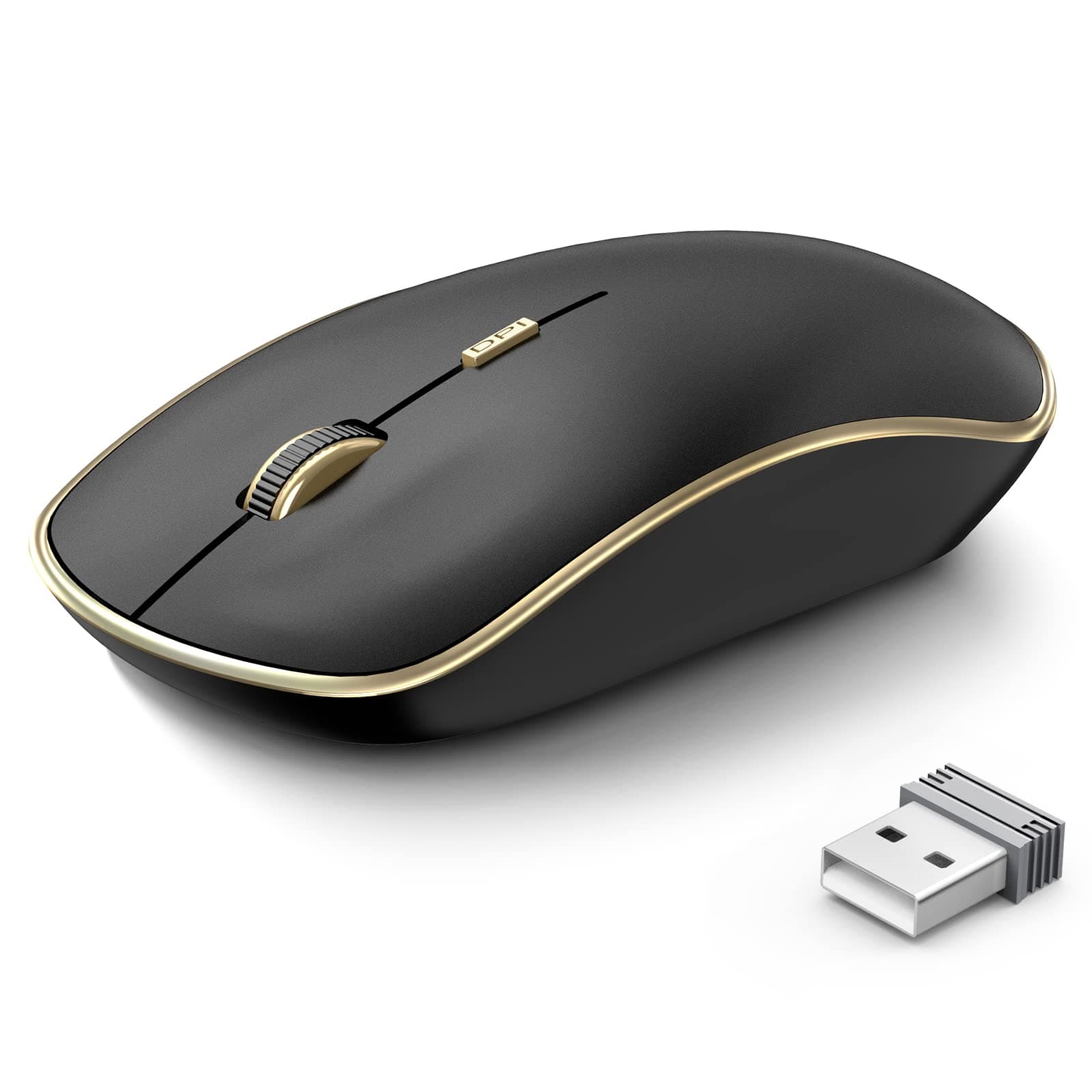 JOYACCESS Silent Wireless Mouse, Portable USB Mouse with 5 Adjustable DPI Levels for Desktop, Notebook, MacBook, Chromebook, PC (Black Gold)