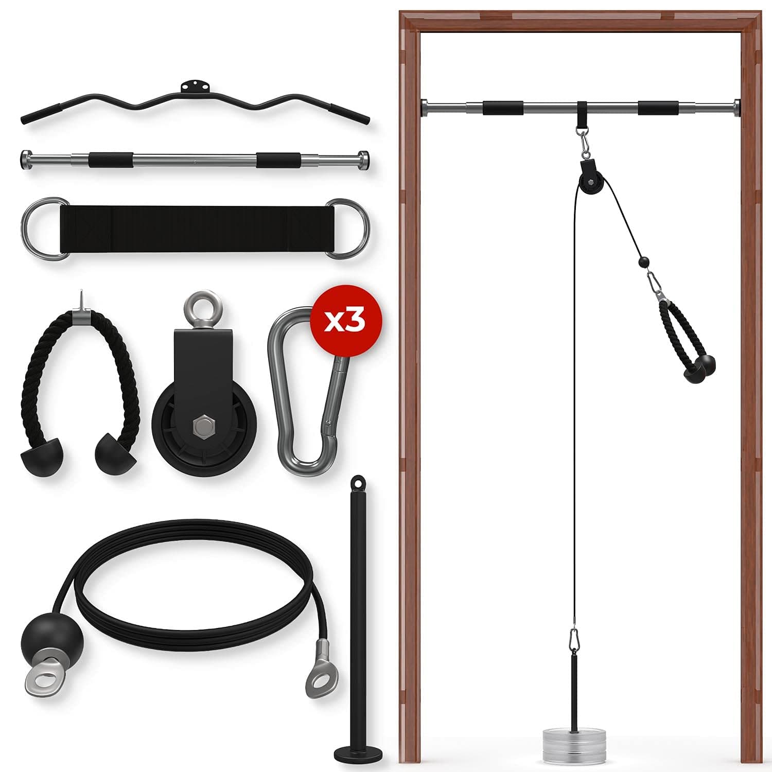 TRNSFRM Pulley System Gym with Door Frame Pullup Bar - Home Gym Equipment Including LAT Pulldown Bar, Loading Pin, Triceps Rope and 1.8m Cable for Training LAT Pull Downs and Tricep Extensions