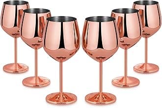 Stainless Steel Stem Wine Glasses Set of 6, 18oz Copper Wine Glasses, Stainless Steel Wine Goblets with Cup Brush for Party Office Wedding Anniversary, Great for Red White Wine(Rose Gold)