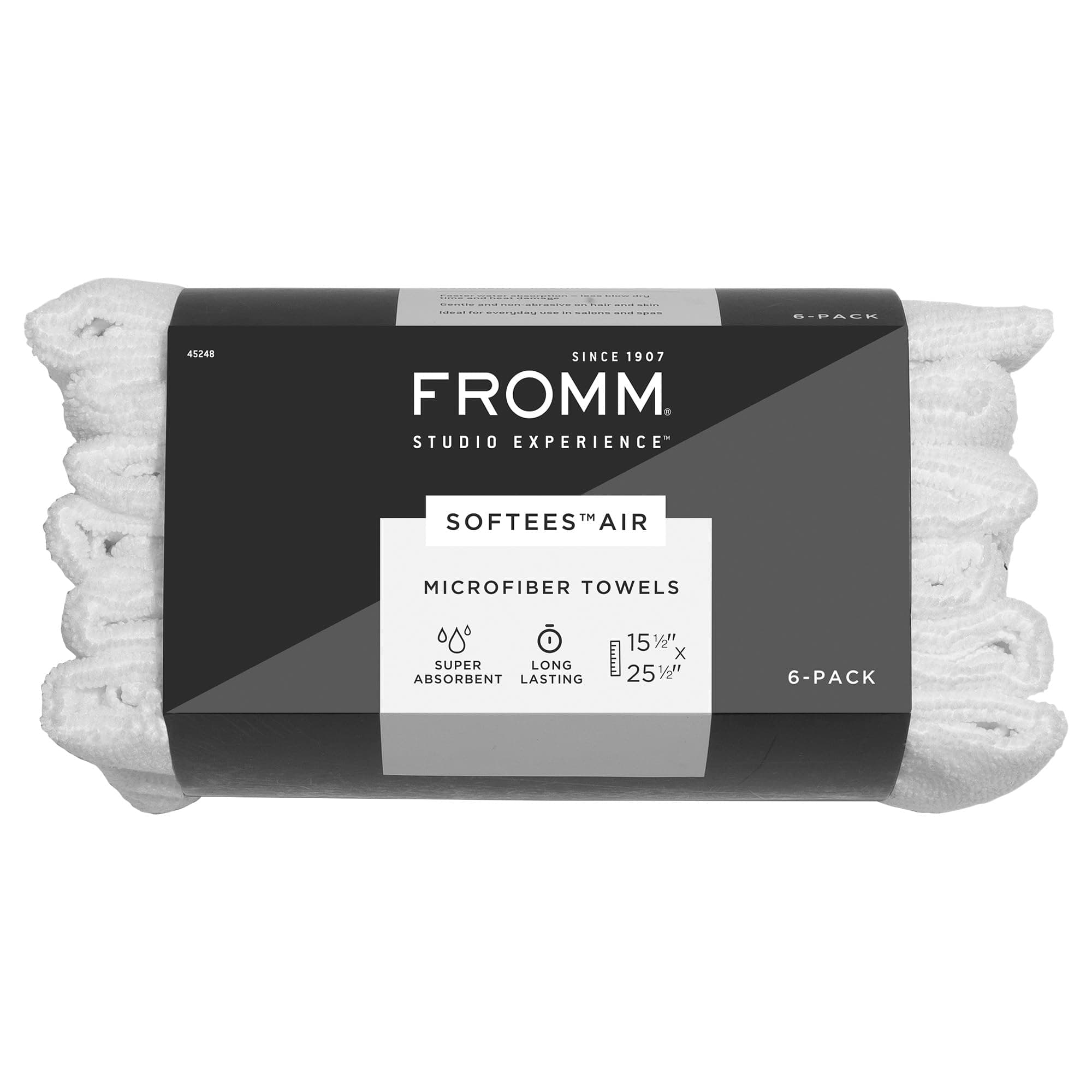 Fromm Softees Air Microfiber Salon Hair Towels - 6 Pack Fast Drying Towel for Hair, Hands, Face – Use at Home, Salon, Spa, Barber 15.5" x 25.5" Extra Durable and Absorbent White, 45248