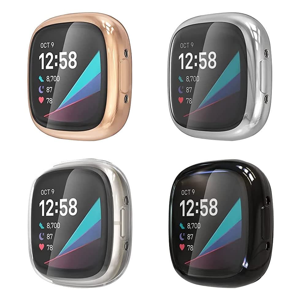 [4 Pack] Sankel Compatible for Fitbit Versa 4/Sense 2 Screen Protector Case,All-Around Protective Cover Solf TPU Bumper Protective Cases for Sense 2/Versa 4 Smartwatch (Rosegold+Silver+Black+Clear)