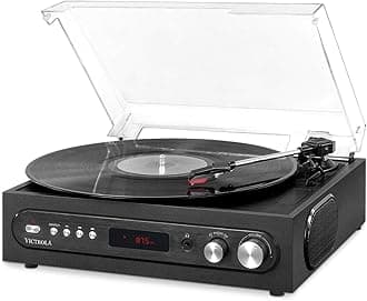 3-in-1 Turntable – 3-Speed (33 1/3, 45, 78 RPM) Bluetooth Record Player with FM Radio, & Built-In Stereo Speakers, 3.5 Aux In & RCA Output, Wireless Music Streaming, Dust Cover (Black)