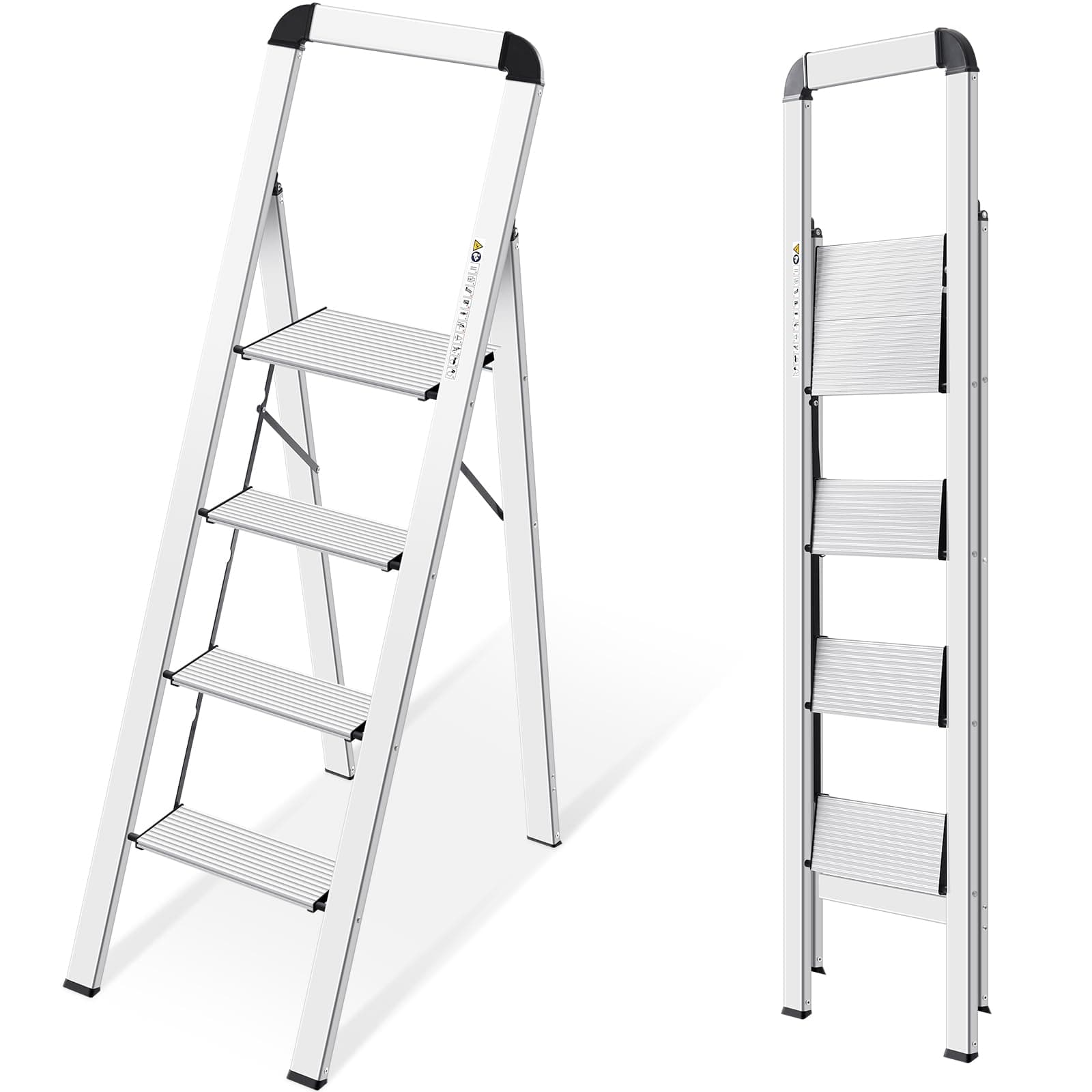 KINGRACK Aluminium 4 Step Ladder, Lightweight Step Stool with Non-Slip Pedals, Handrail, Foldable Step Ladder for Kitchen, Garage, Home, Space Saving, Sturdy and Portable, Silver