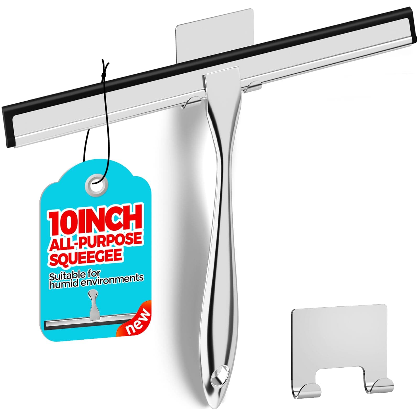 10-Inch All-Purpose Shower Squeegee for Shower Doors, Tile Shower Walls, Bathroom, Window, Glass and Car Windshield, Mirrors and Kitchen-Stainless Steel, Silver