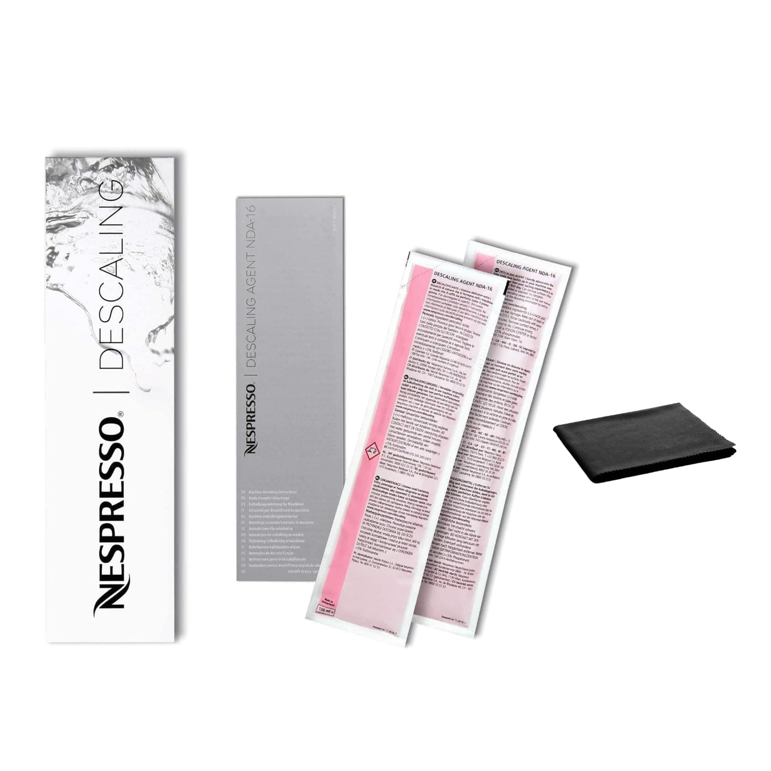 Nespresso Descaling Kit Solution, Fits all Models, 2 Packets, Descaling Solution for All Models, Includes Cleaning Cloth, Clear