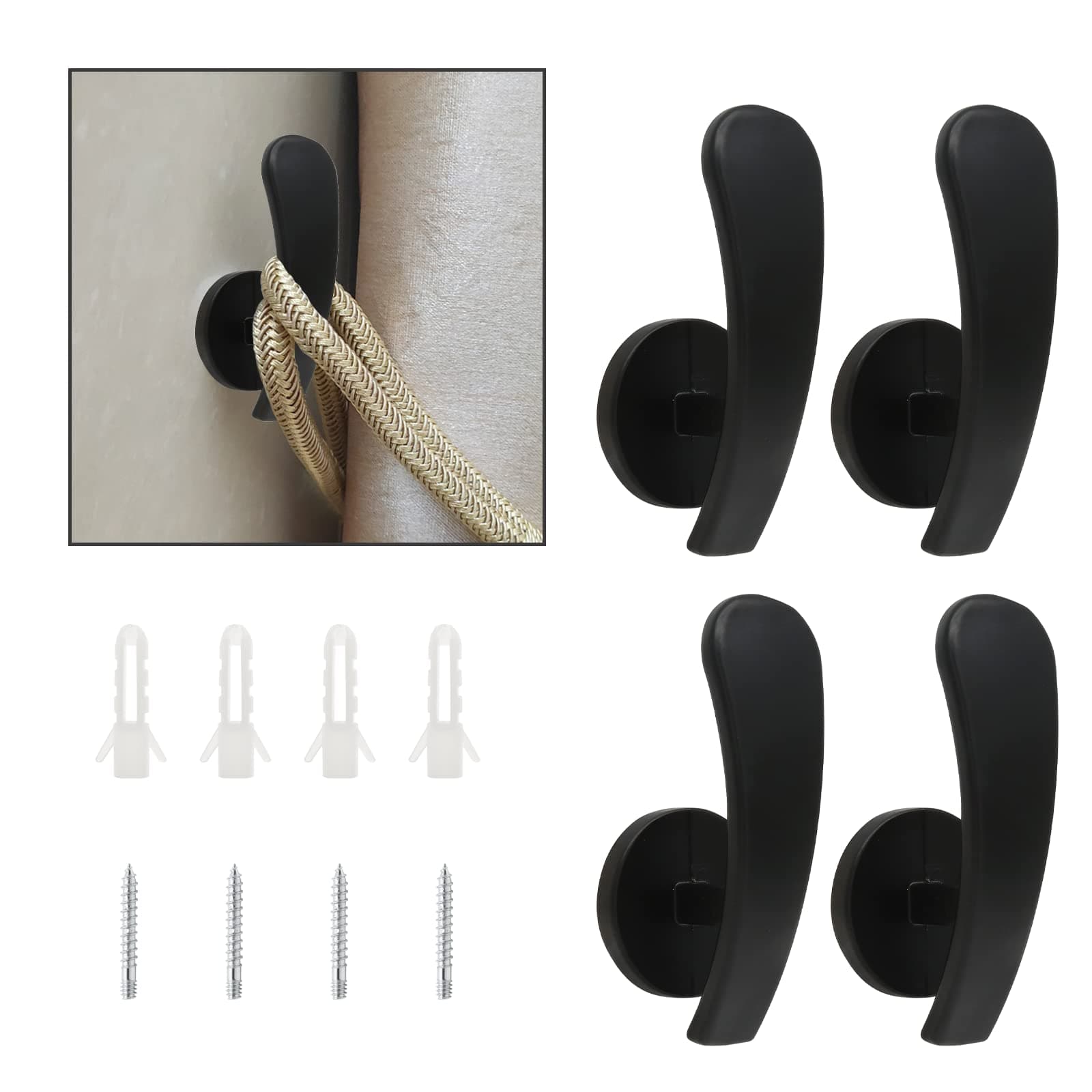 4 Pack Black Curtain Tieback Hooks, Curtain Holdback Holders for Wall Mounted, Decorative Hooks Drapery Tiebacks with Screws (4 Pack Black)