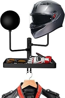 Motorcycle Helmet Holder Wall Mount, Rustic Helmet Rack with 2 Ball Hangers and Storage Space for Motorcycle Gear Accessories, The Double Hooks for Key/Jacket Hanging