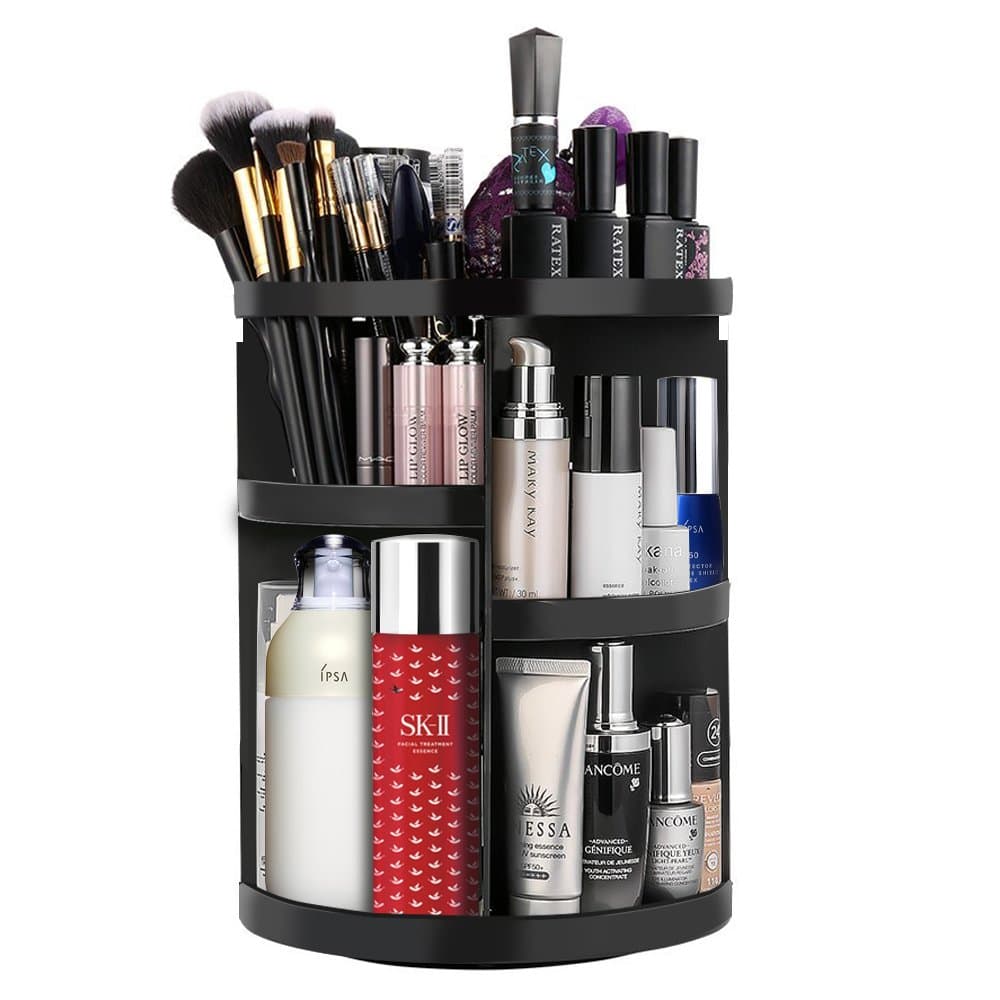 Etmury 360 Rotating Makeup Organizer Storage Holder Adjustable Make Up Caddy Spinning Bathroom/Vanity Countertop Shelf Save Space Carousel Cosmetic Accessries Display Case Round Black