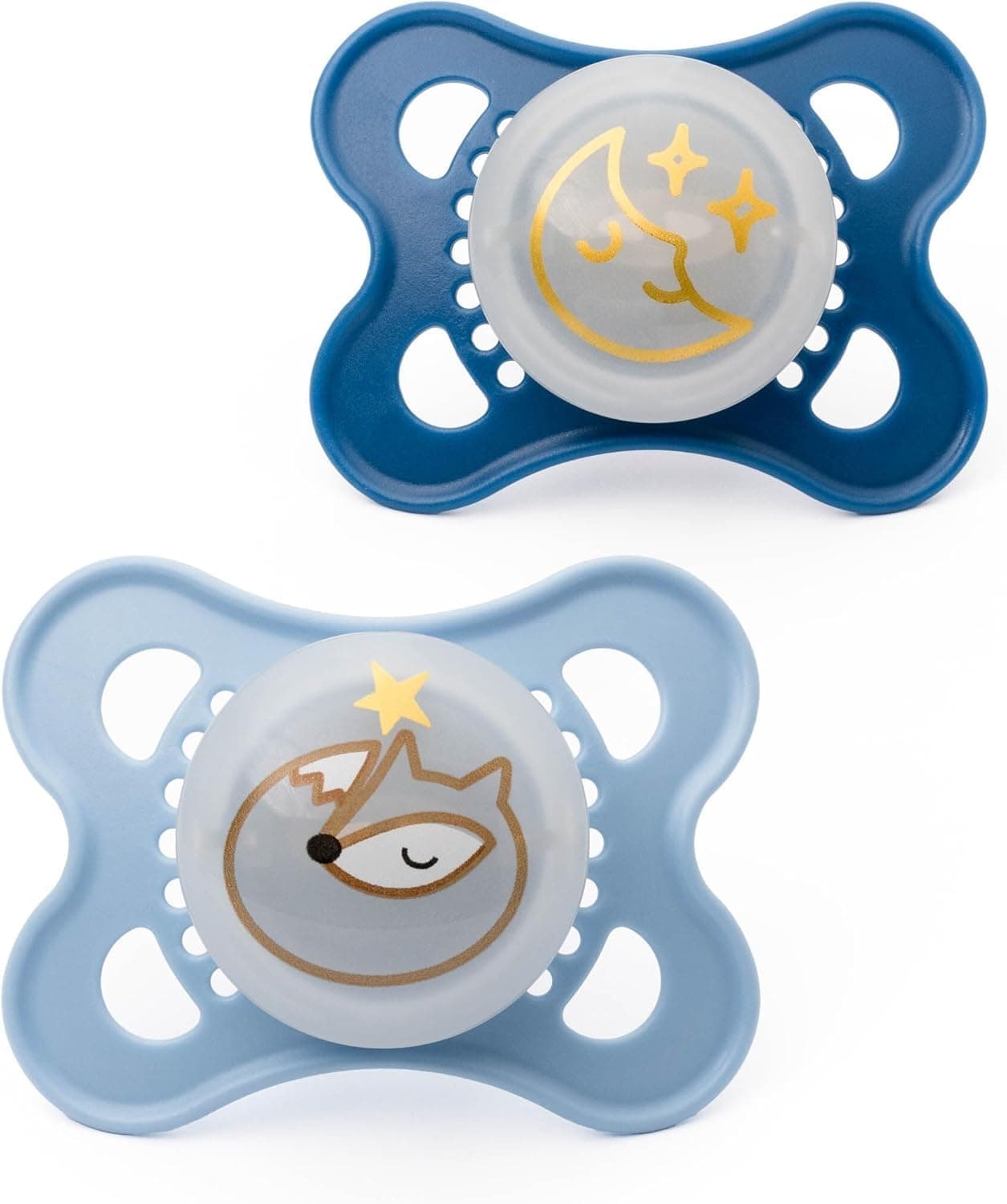 MAM Original Night Soothers | 0-6 Months | 2 Pack | Glow in the Dark | Comes in Dummy Steriliser Case | Baby Accessories for Newborn | Blue (Various Designs)