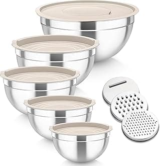 Homikit Mixing Bowls Set of 5, Stainless Steel Salad Bowls with Airtight Lids & 3 Grates, Metal Nesting Bowls for Mixing/Baking/Serving/Storing, Easy Clean - 0.7/1/1.5/2.6/4.6L (Khaki)