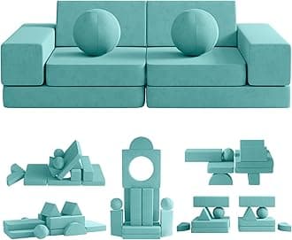 Kids Couch, 12PCS Toddler Couch with 2 Balls and Tunnel, Modular Kids Couch for Playroom, Kids Play Couch for Kickball Game, Pitching Game, 30+ Creative Gameplay Couch for Kids (Ice-Snow Blue)