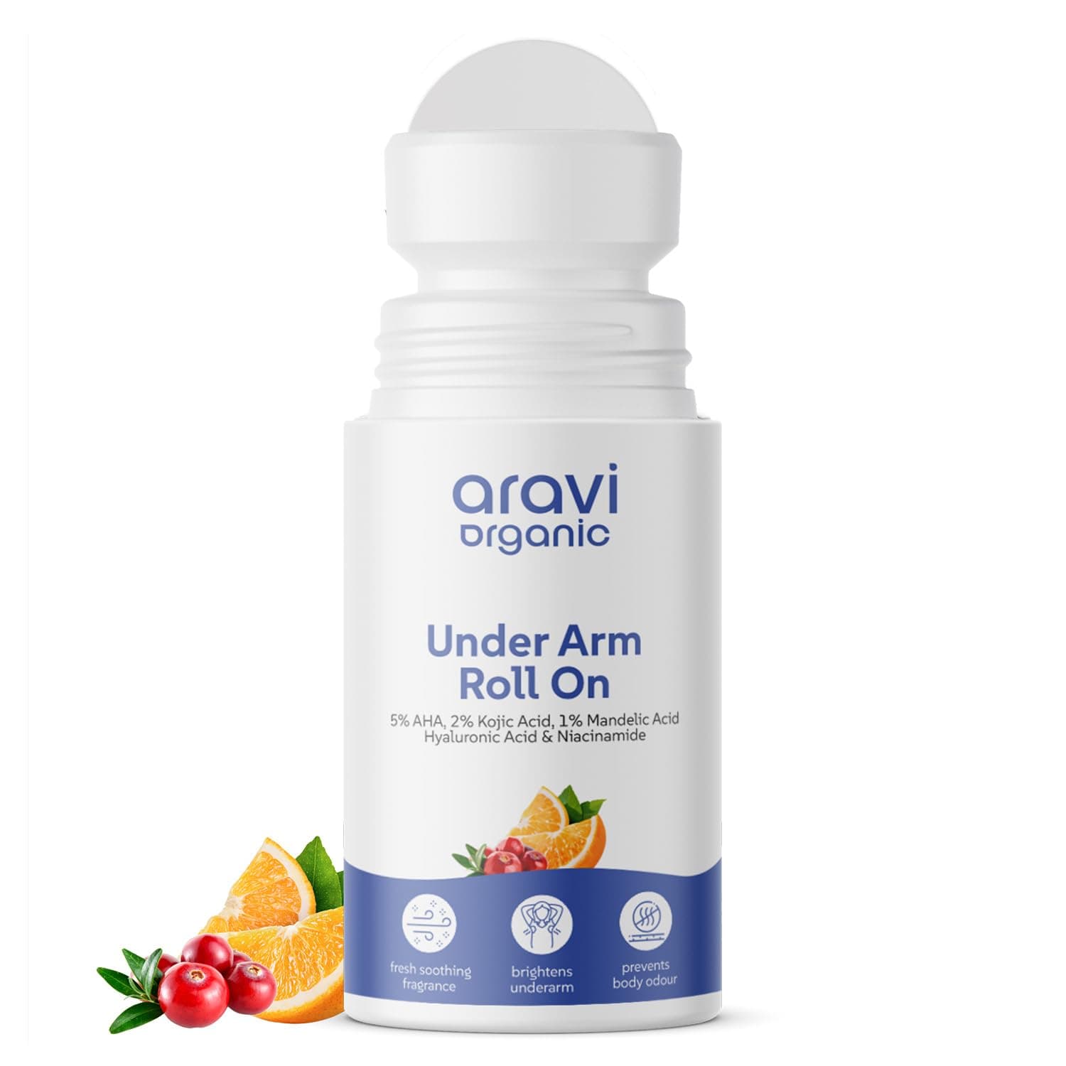 Aravi Organic Under Arm Roll On With 5% AHA, 2% Kojic Acid & 1% Mandelic Acid - Prevents Body Odour - Fresh Smoothing Fragrance - For Men & Women - Alcohol & Aluminium Free - 50 ml