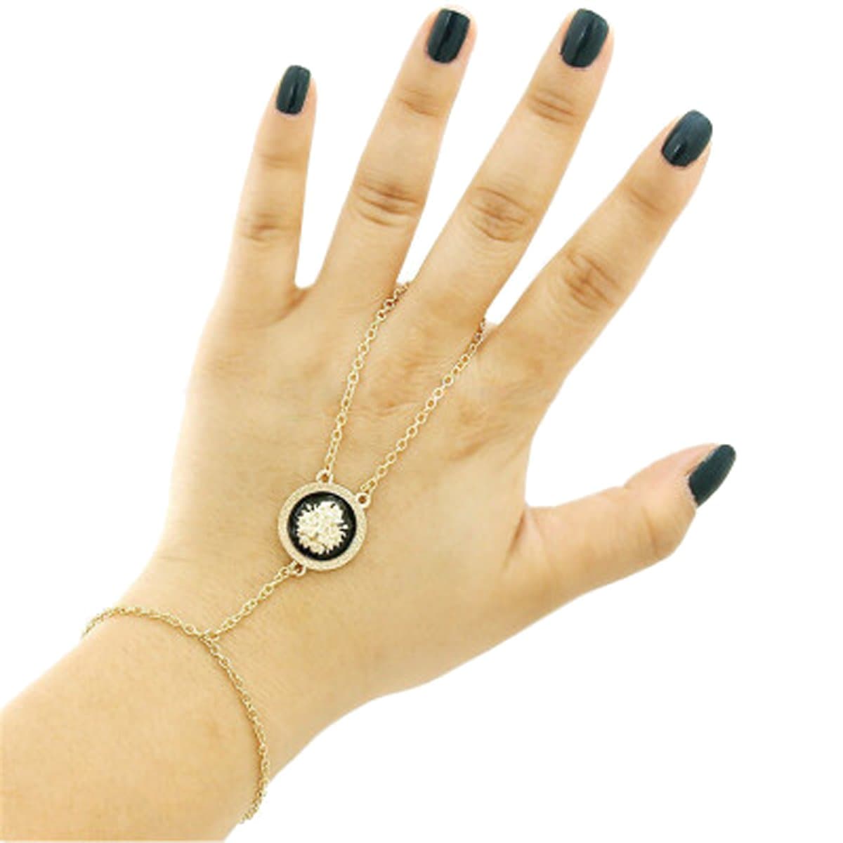 Adjustable Ring-Silver Tone wedding lion head finger chain bracelet