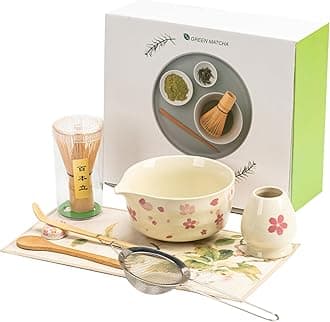 Matcha Set 8-Piece Japanese Tea Ceremony Kit with Ceramic Bowl, Bamboo Whisk & Holder, 2 Scoops, Strainer, Tea Cloth - Complete Gift Set for Traditional Brewing(Gradient flower)