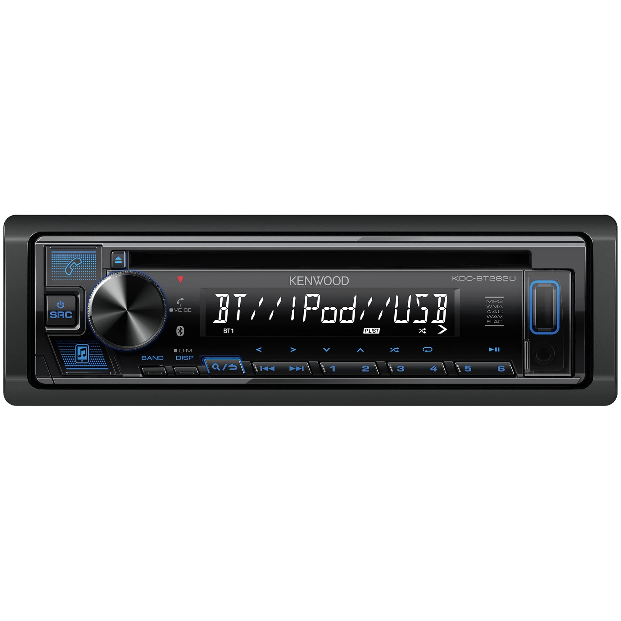 KENWOOD KDC-BT282U CD Car Stereo - Single Din, Bluetooth Audio, USB MP3, FLAC, Aux in, AM FM Radio, Detachable face with White 13-Digit LCD Display and Blue Button Illumination