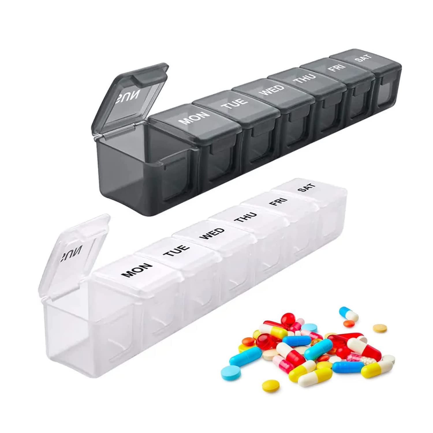 2-Pack Weekly Pill Organizer Set - 7-Day Vitamin Planner & Medicine Box with Large Compartments - BPA Free (Black + White)