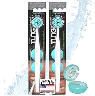 Peak Essentials The Original TUNG Brush with Caps | Tongue Cleaner for Adults | Tongue Scraper | Tongue Scrubber | Bad Breath and Halitosis | Mouth Odor Eliminator | Made in America (2 Pack w/Cap)