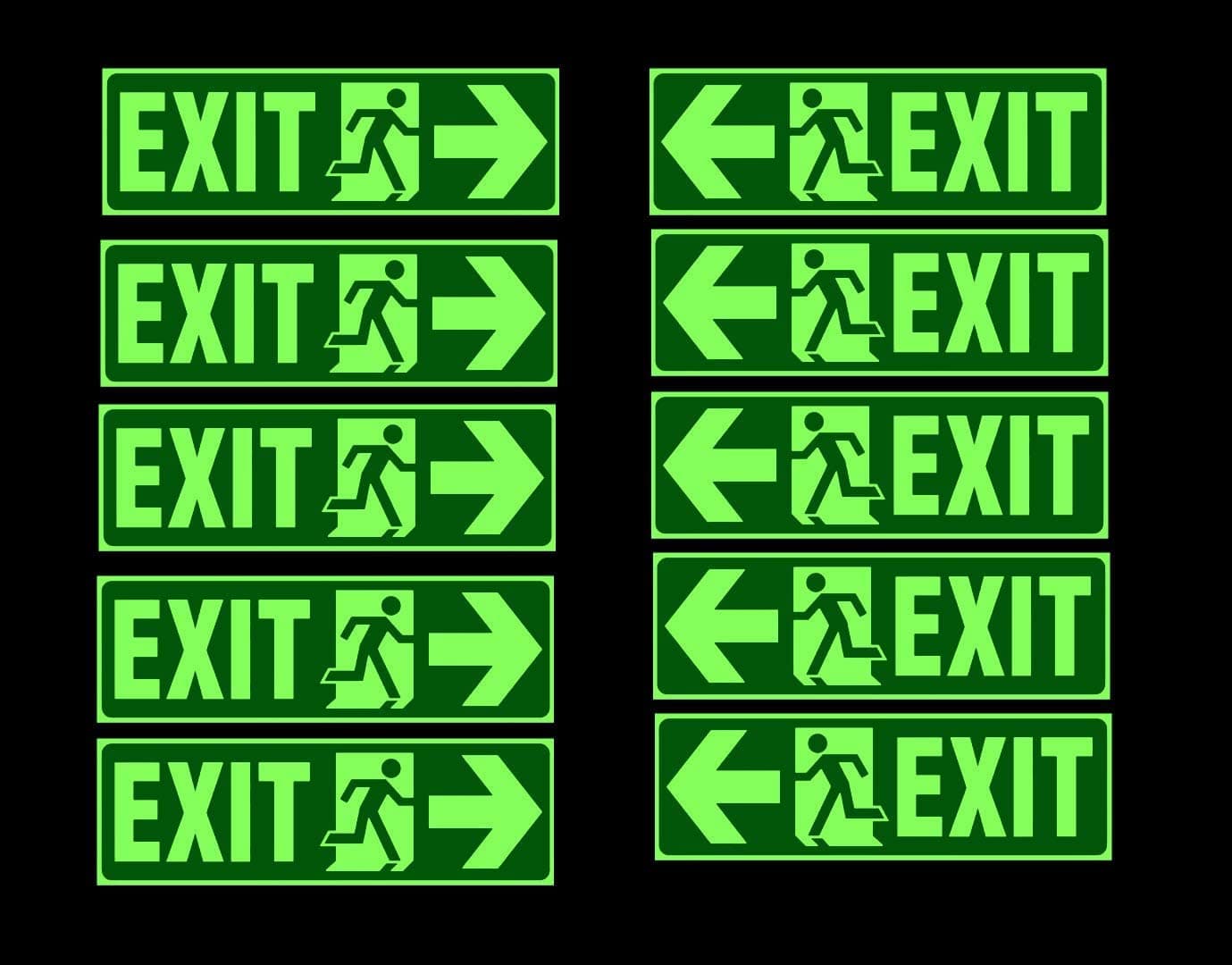 5 Set Night Glow Radium Exit Sign Stickers (Total 10 Stickers) (150mm x 400mm)
