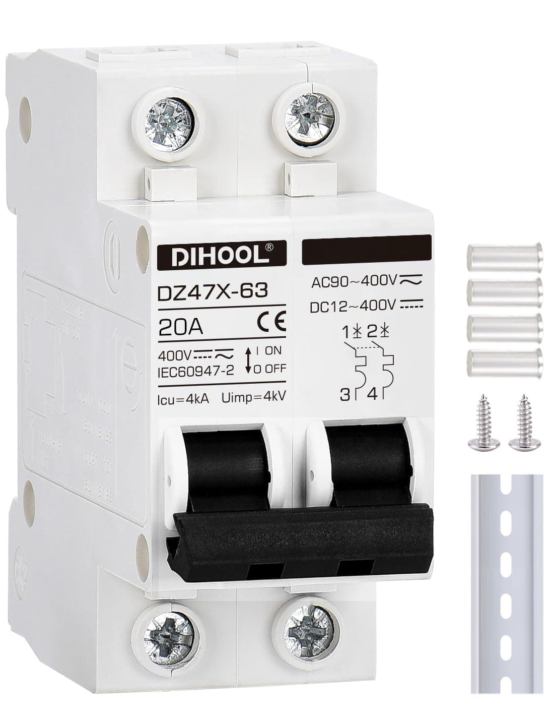 DIHOOL Solar Disconnect Switch, 20 Amp 2 Pole, DIN Rail Mount, Non Polarized, 12V 24V 48V 400V, AC/DC Circuit Breaker, RV Battery Isolator, PV Array MCB, Thermal Magnetic Trip